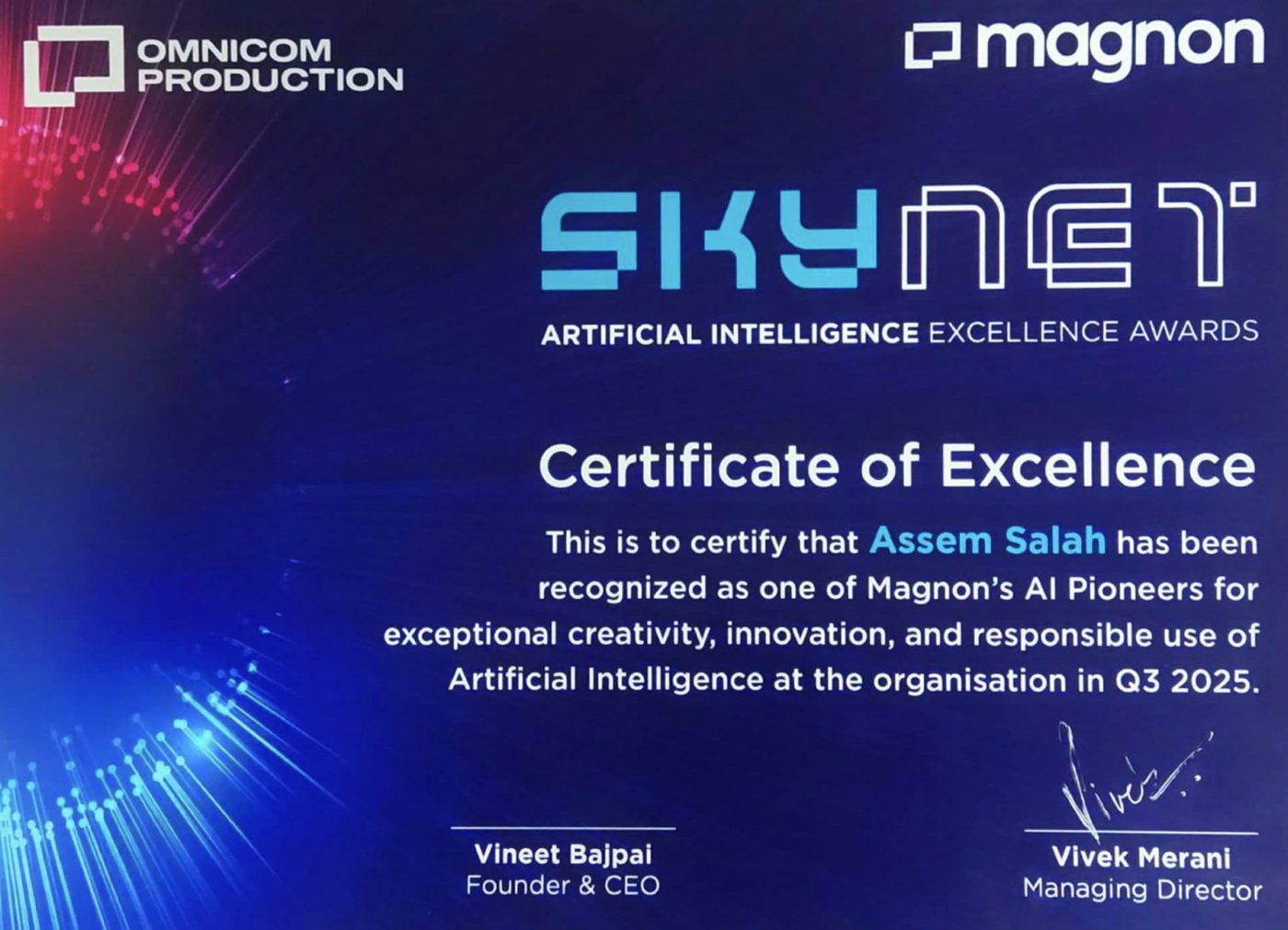 SKYNET AI Excellence Awards — Certificate of Excellence